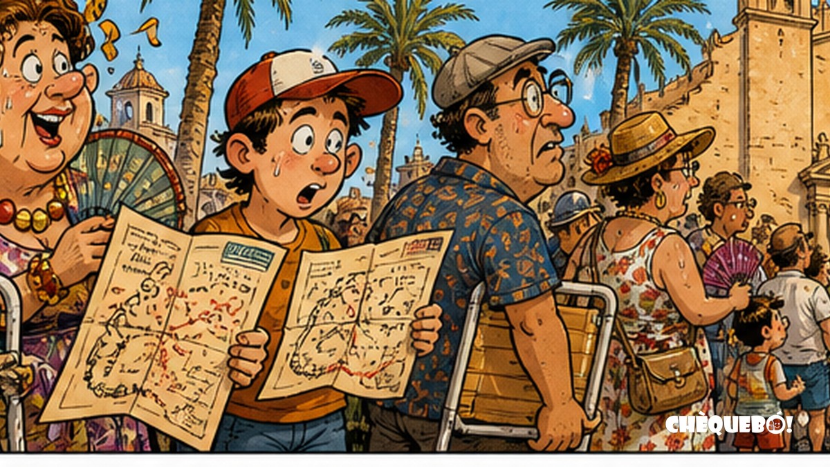 Vecinos de Elche estudiando el programa de fiestas como si fuera oposición viñeta pop art de vecinos de Elche con sillas y programas de fiestas junto a Santa Maria