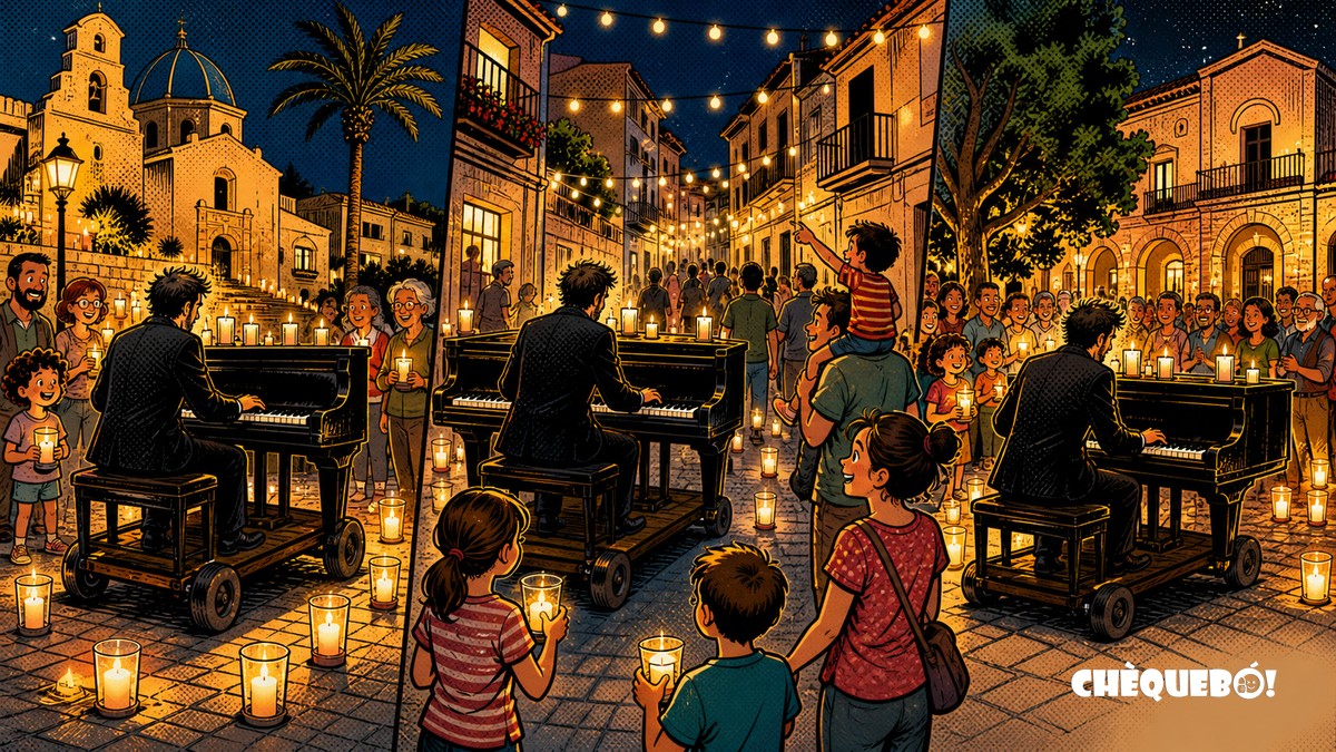 El viaje del piano recorre Sant Joan bajo la luz de las velas viñeta pop art de El viaje del piano por Sant Joan d'Alacant iluminado con velas