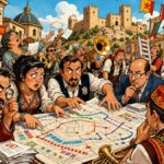 viñeta pop art de Villena con comparsas reorganizando un mapa festero