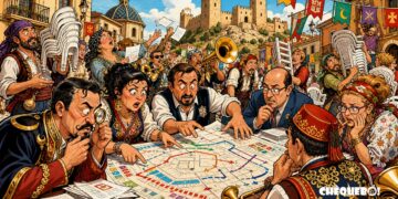 viñeta pop art de Villena con comparsas reorganizando un mapa festero
