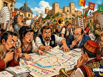 viñeta pop art de Villena con comparsas reorganizando un mapa festero
