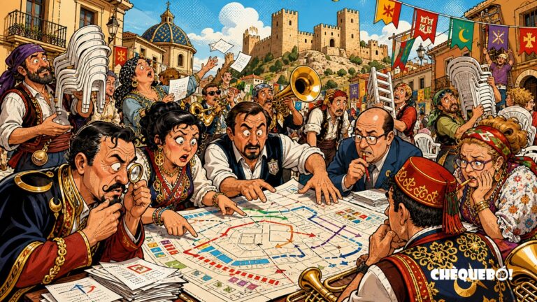 viñeta pop art de Villena con comparsas reorganizando un mapa festero