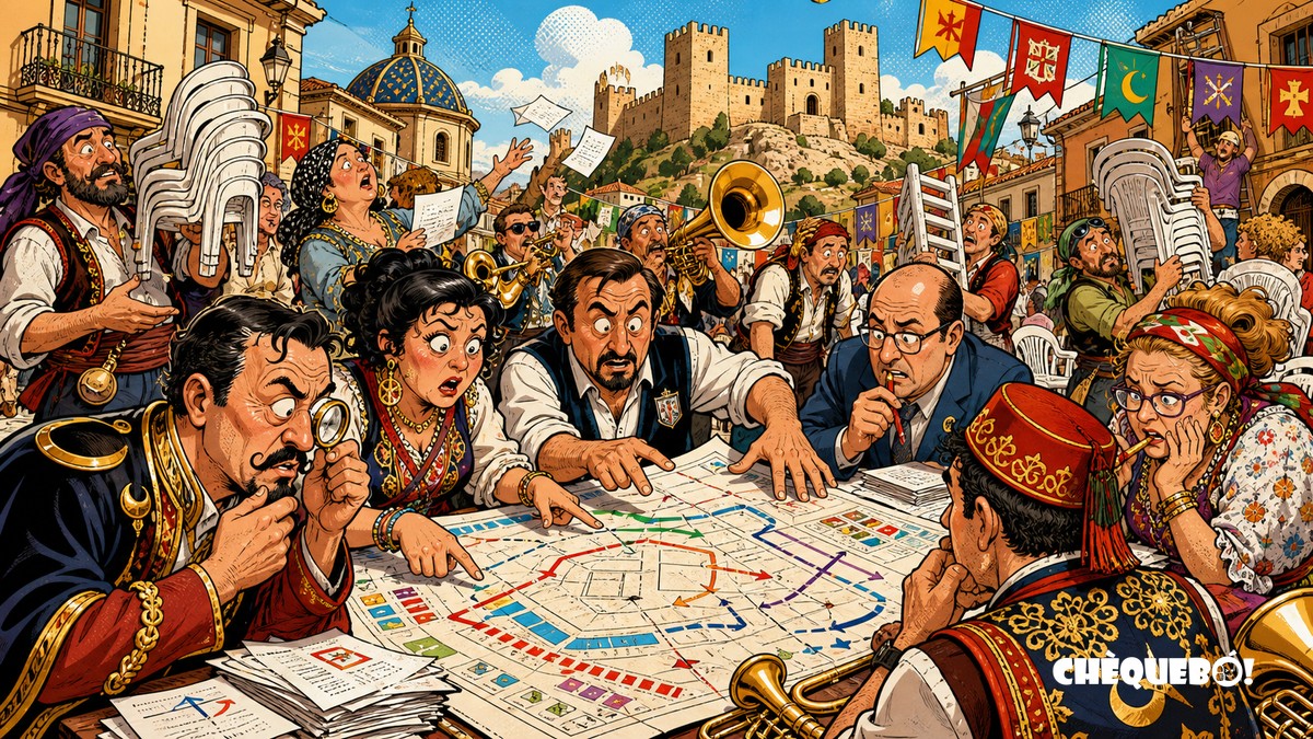 viñeta pop art de Villena con comparsas reorganizando un mapa festero