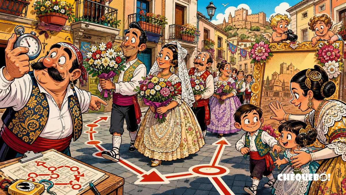 Ofrenda de Flores de Villena con recorrido reorganizado y cronómetro viñeta pop art de la Ofrenda de Flores de Villena con ruta reorganizada