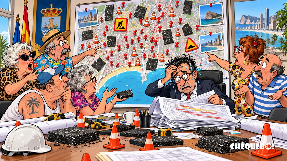 El mapa del Plan Asfalto de Benidorm examina la paciencia vecinal viñeta pop art de una reunión municipal de Benidorm con un mapa lleno de obras