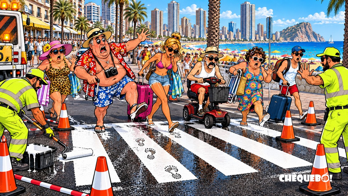 Turistas y residentes de Benidorm prueban el asfalto recién estrenado viñeta pop art de turistas cruzando un paso recién pintado en Benidorm