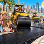 viñeta pop art de Benidorm con apisonadoras y turistas ante el Plan Asfalto 2026