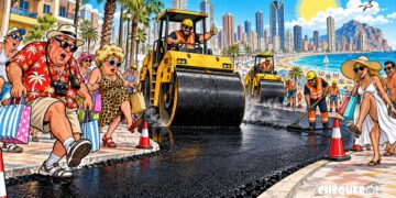 viñeta pop art de Benidorm con apisonadoras y turistas ante el Plan Asfalto 2026