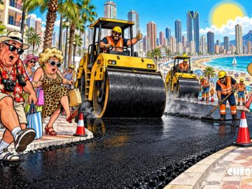 viñeta pop art de Benidorm con apisonadoras y turistas ante el Plan Asfalto 2026