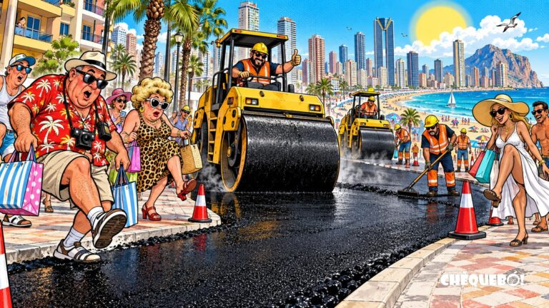viñeta pop art de Benidorm con apisonadoras y turistas ante el Plan Asfalto 2026