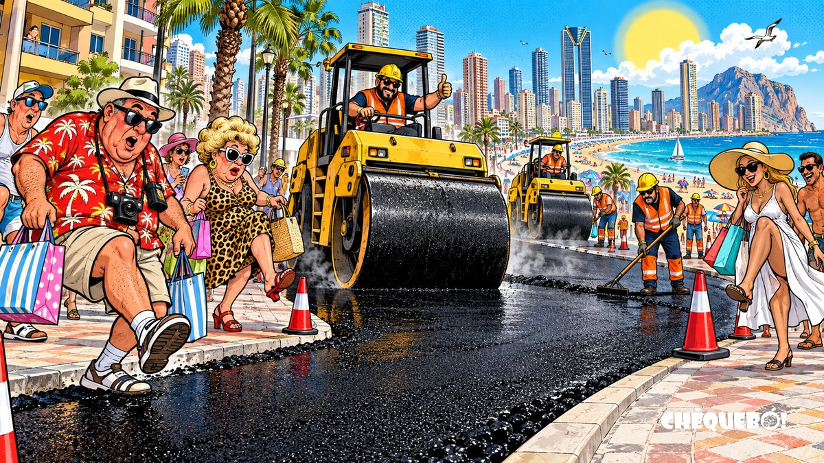 viñeta pop art de Benidorm con apisonadoras y turistas ante el Plan Asfalto 2026