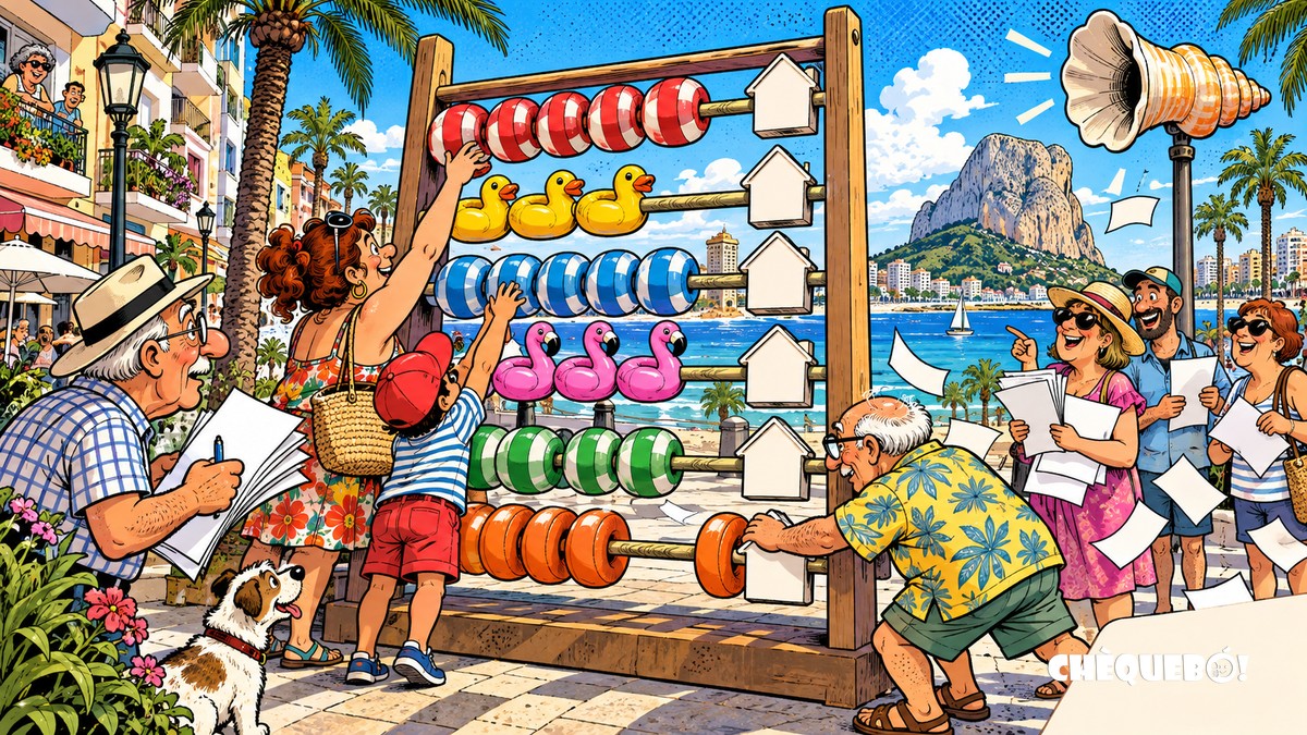viñeta pop art de Calpe contando vecinos junto al Peñón de Ifach