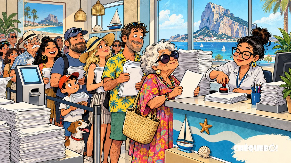 viñeta pop art de oficina municipal en Calpe con vecinos haciendo gestiones