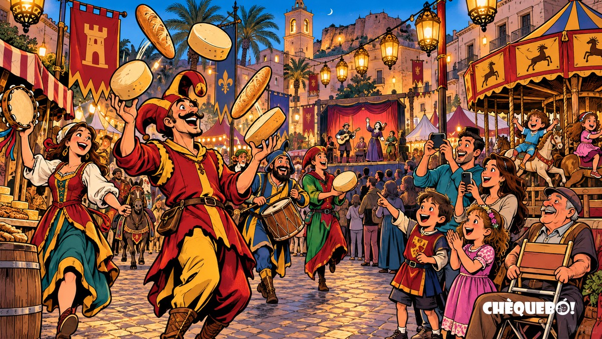 viñeta pop art de animación familiar nocturna en el Mercado Medieval de Crevillent