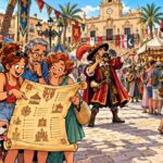 viñeta pop art del Mercado Medieval de Crevillent con vecinos, pregonero y un queso gigante