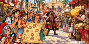 viñeta pop art del Mercado Medieval de Crevillent con vecinos, pregonero y un queso gigante