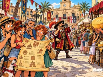 viñeta pop art del Mercado Medieval de Crevillent con vecinos, pregonero y un queso gigante