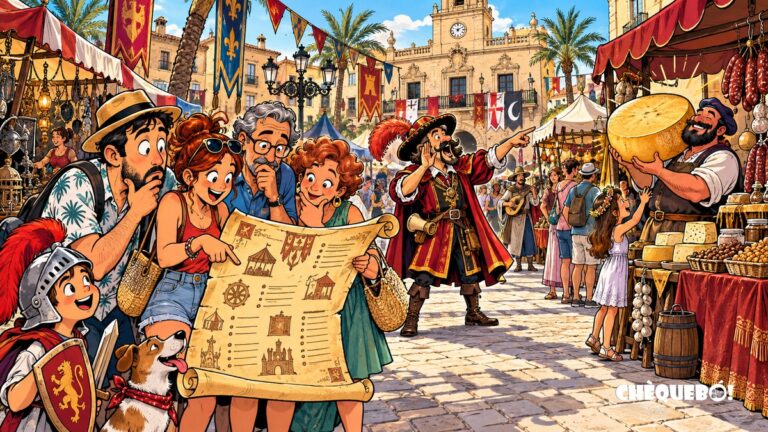 viñeta pop art del Mercado Medieval de Crevillent con vecinos, pregonero y un queso gigante
