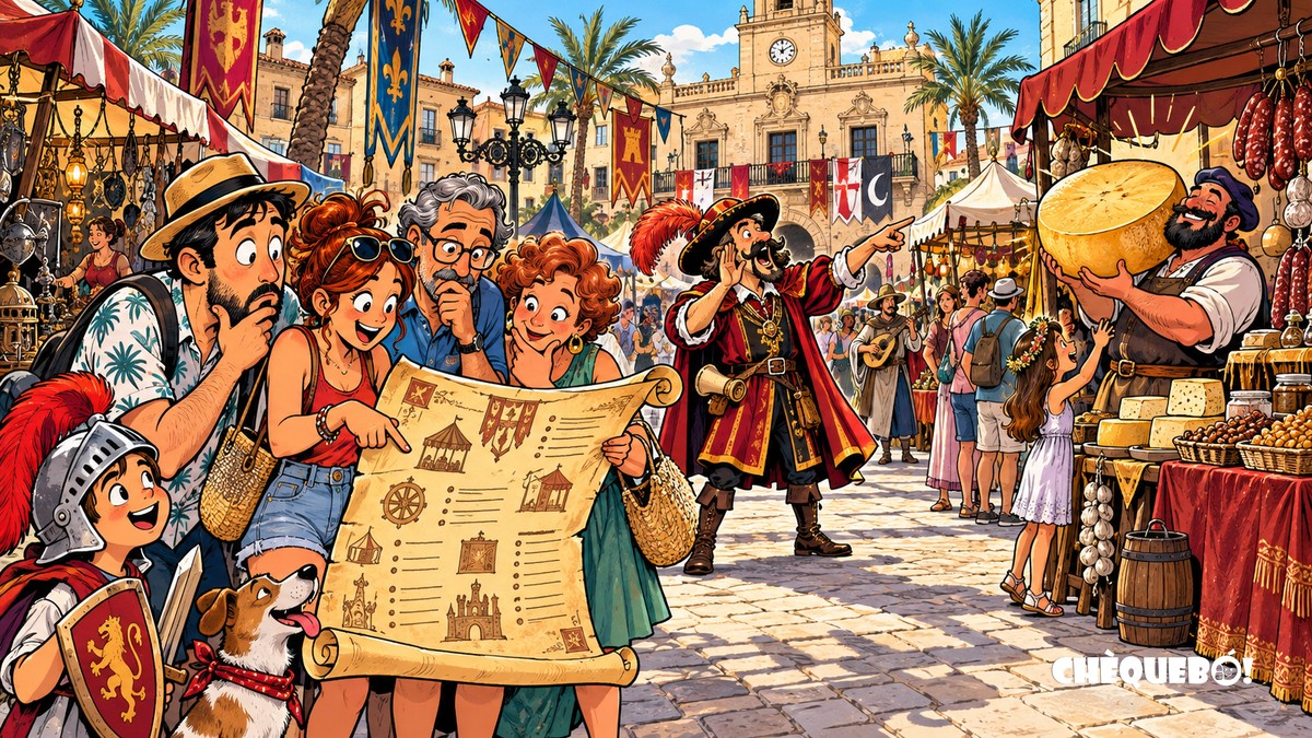 viñeta pop art del Mercado Medieval de Crevillent con vecinos, pregonero y un queso gigante