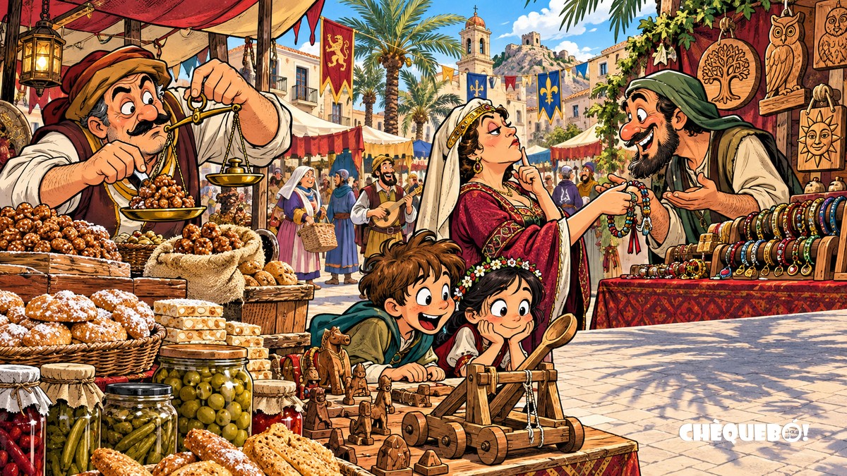 viñeta pop art de puestos artesanos y gastronómicos del Mercado Medieval de Crevillent