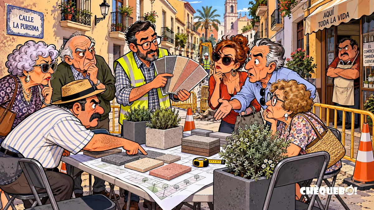 Vecinos de Elda fiscalizan los adoquines de La Purísima viñeta pop art de vecinos de Elda eligiendo adoquines como si fuera una final