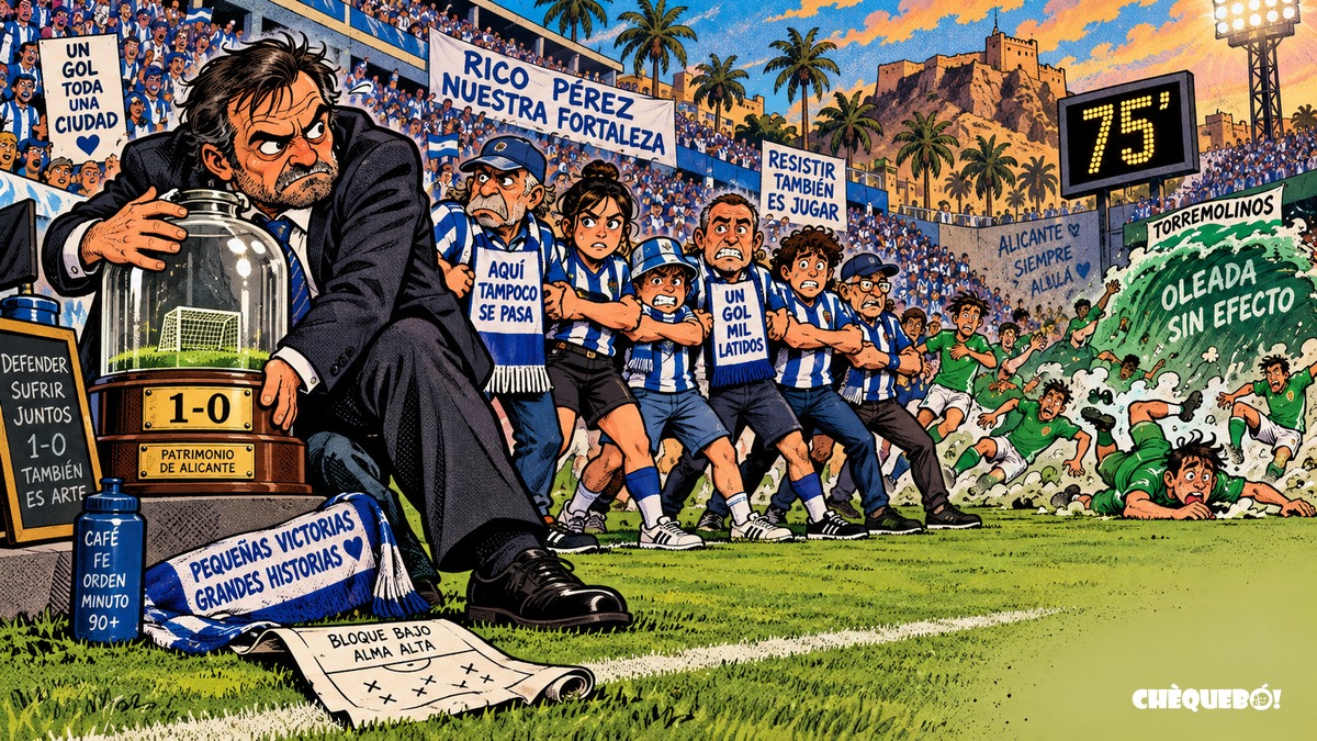 El Rico Pérez convierte el 1-0 del Hércules en patrimonio de Alicante viñeta pop art del Rico Pérez defendiendo una victoria mínima del Hércules