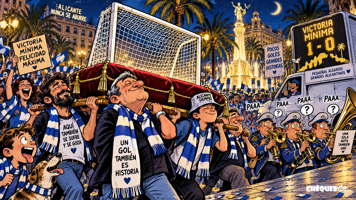 Alicante celebra una victoria mínima del Hércules como si fuera una mascletà viñeta pop art de Alicante celebrando el 1-0 del Hércules en Luceros