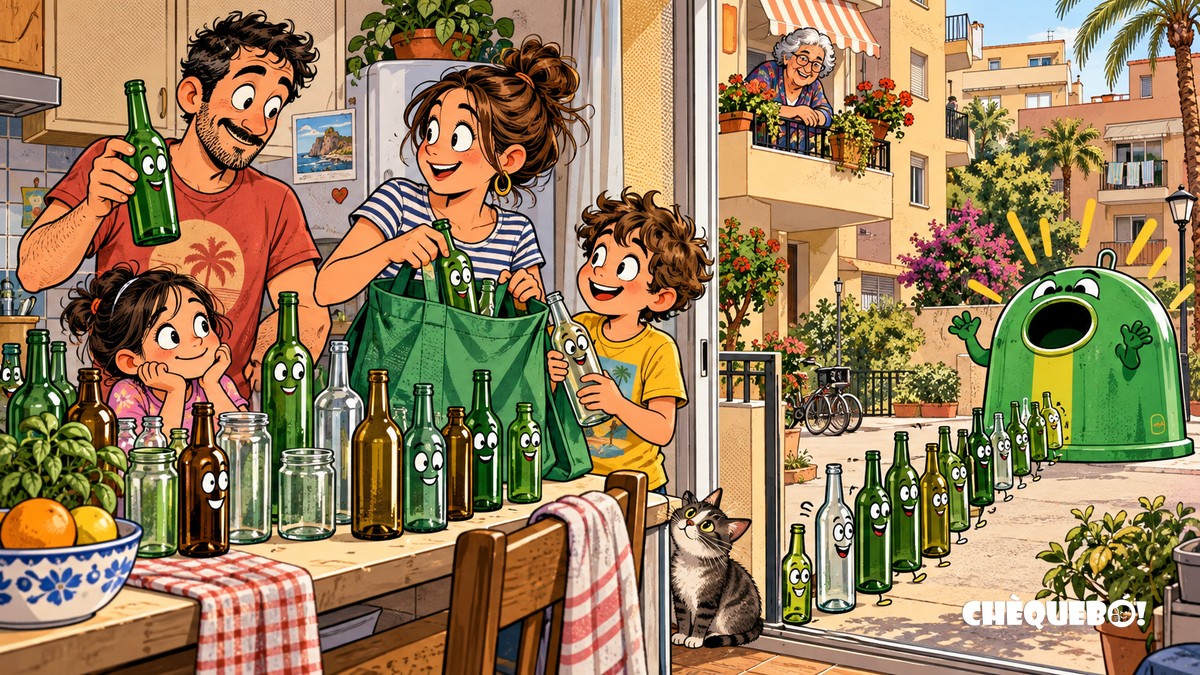 viñeta pop art de familia separando botellas de vidrio en San Vicente del Raspeig