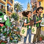 viñeta pop art de San Vicente del Raspeig con educadores ambientales, vecinos y contenedor verde saturado de botellas
