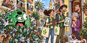 viñeta pop art de San Vicente del Raspeig con educadores ambientales, vecinos y contenedor verde saturado de botellas