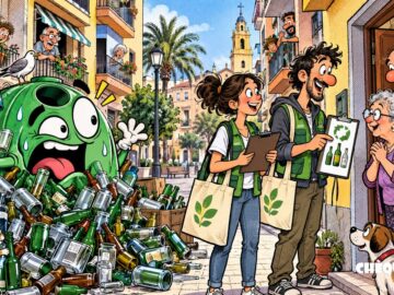 viñeta pop art de San Vicente del Raspeig con educadores ambientales, vecinos y contenedor verde saturado de botellas