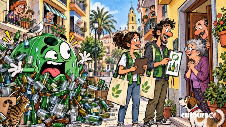 viñeta pop art de San Vicente del Raspeig con educadores ambientales, vecinos y contenedor verde saturado de botellas