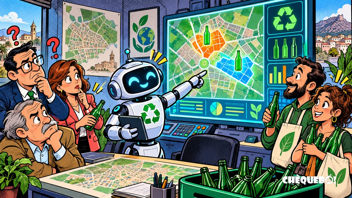 viñeta pop art de inteligencia artificial seleccionando barrios de San Vicente para reciclar vidrio