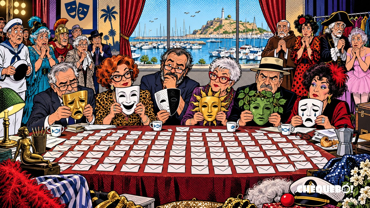 El jurado de Mayores a Escena revisa propuestas teatrales en Santa Pola viñeta pop art de jurado seleccionando propuestas teatrales para Mayores a Escena Santa Pola