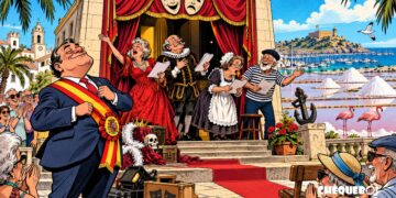 viñeta pop art de Santa Pola y el certamen Mayores a Escena 2026 con actores mayores ante la Casa de Cultura