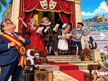 viñeta pop art de Santa Pola y el certamen Mayores a Escena 2026 con actores mayores ante la Casa de Cultura