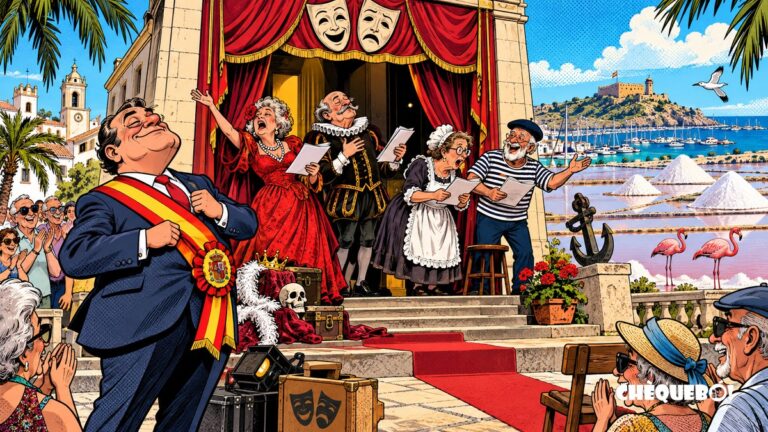 viñeta pop art de Santa Pola y el certamen Mayores a Escena 2026 con actores mayores ante la Casa de Cultura