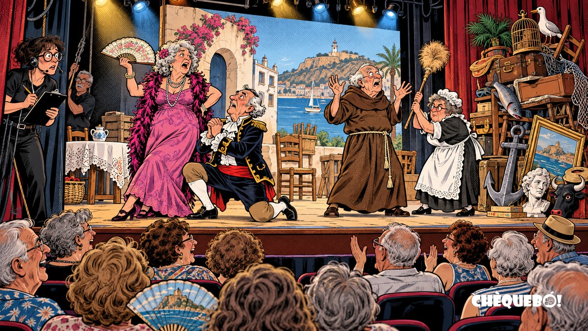 Actores mayores dramatizan Mayores a Escena en Santa Pola viñeta pop art de actores mayores representando teatro amateur en la Casa de Cultura de Santa Pola