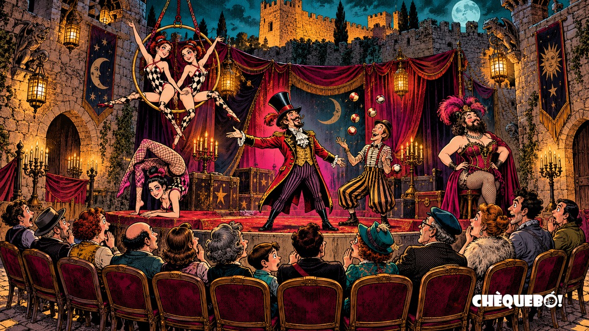 viñeta pop art de Circus Lugen actuando en el Castillo de Petrer