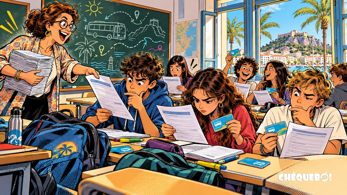 Centros educativos de Dénia tramitan solicitudes de la tarjeta Djove viñeta pop art de aula de Dénia repartiendo formularios de la tarjeta Djove