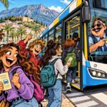viñeta pop art de Dénia con estudiantes subiendo a BusDénia y tarjeta Djove
