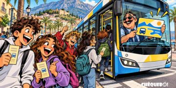 viñeta pop art de Dénia con estudiantes subiendo a BusDénia y tarjeta Djove