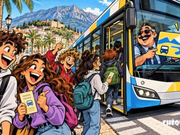 viñeta pop art de Dénia con estudiantes subiendo a BusDénia y tarjeta Djove