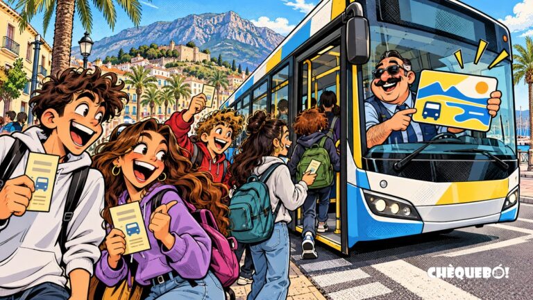 viñeta pop art de Dénia con estudiantes subiendo a BusDénia y tarjeta Djove
