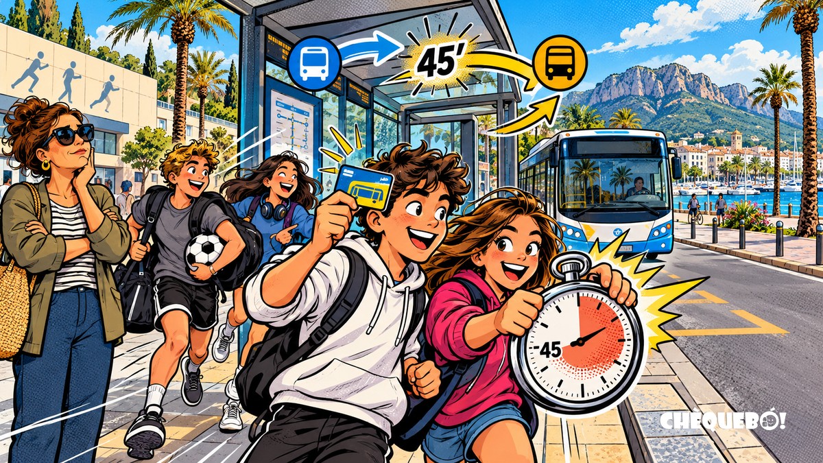 Transbordo de BusDénia con tarjeta Djove durante 45 minutos viñeta pop art de jóvenes de Dénia calculando un transbordo gratis de BusDénia