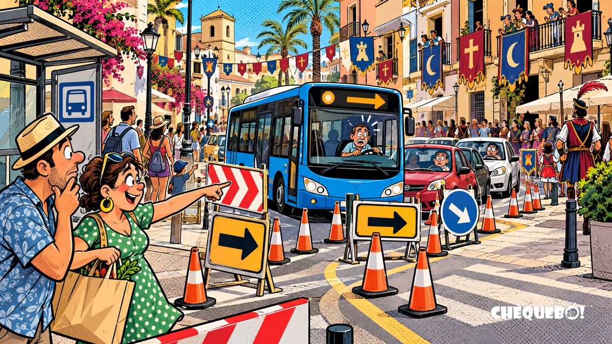 viñeta pop art de autobús y conductores ante desvíos festivos en El Campello