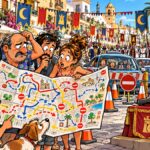 viñeta pop art de El Campello con vecinos mirando un mapa de desvíos por Moros y Cristianos