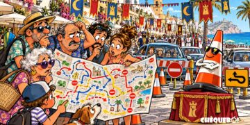 viñeta pop art de El Campello con vecinos mirando un mapa de desvíos por Moros y Cristianos