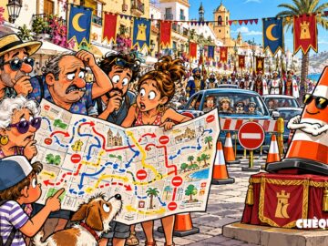 viñeta pop art de El Campello con vecinos mirando un mapa de desvíos por Moros y Cristianos