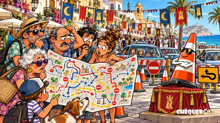 viñeta pop art de El Campello con vecinos mirando un mapa de desvíos por Moros y Cristianos